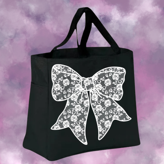 White Lace Bow Black Tote Bag